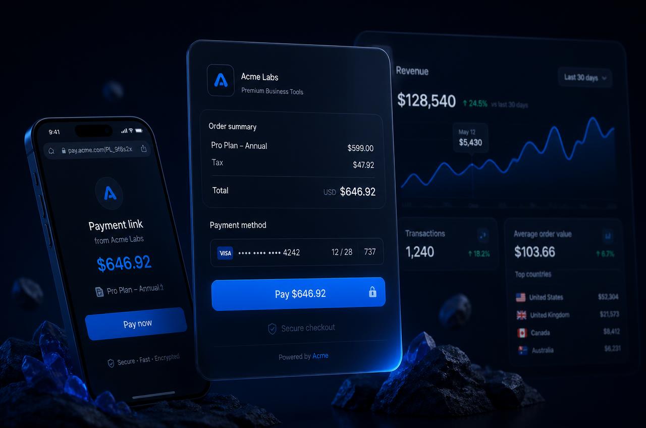 Online checkout, payment link on a phone and a revenue dashboard
